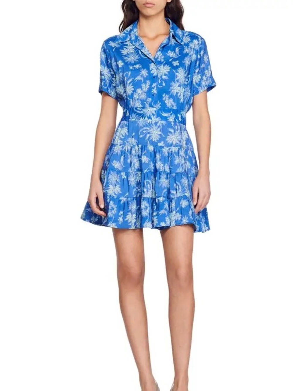Sandro Royal Blue Floral Short-Sleeve Shirt Dress